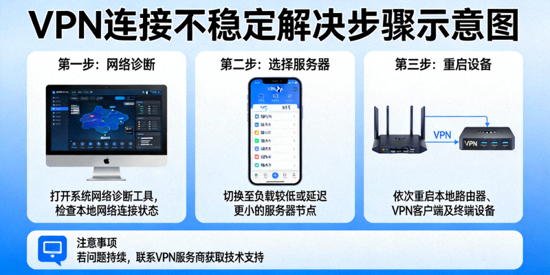 解决VPN连接不稳定问题的步骤示意图，展示网络诊断和服务器切换流程