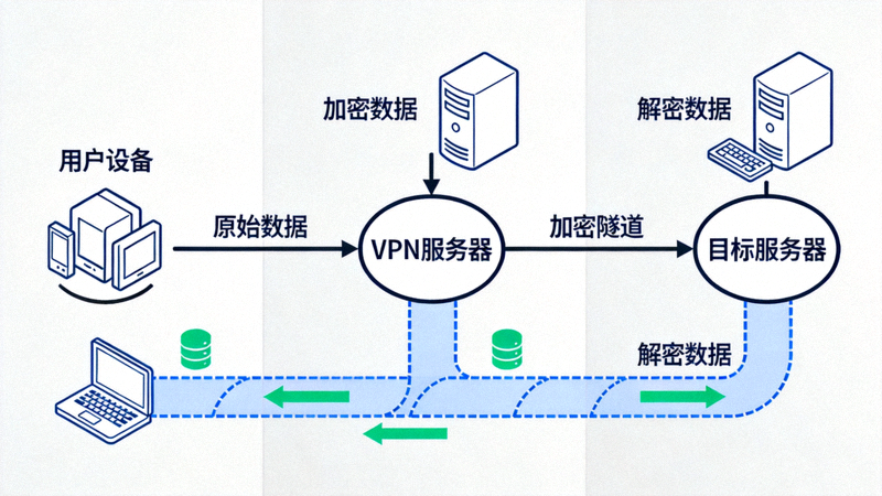VPN加密隧道工作原理示意图 - 显示用户数据通过加密隧道安全传输到目标服务器